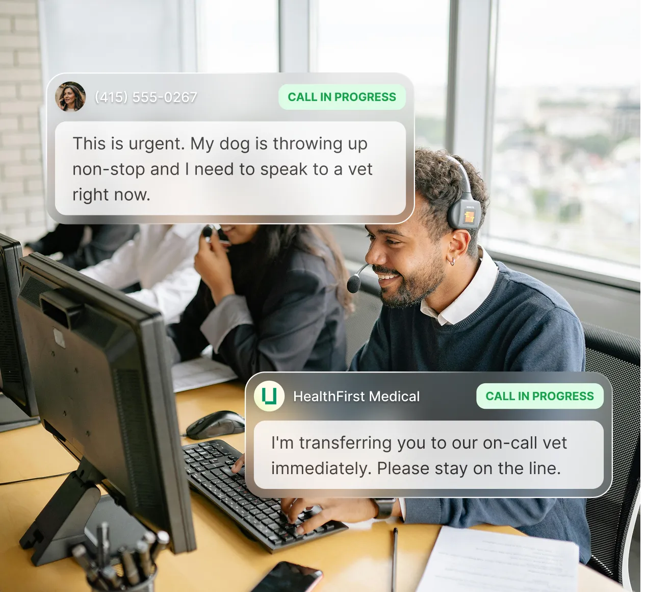A smiling receptionist typing at a desk while an outsourced receptionist's solution answers calls for a veterinary office.