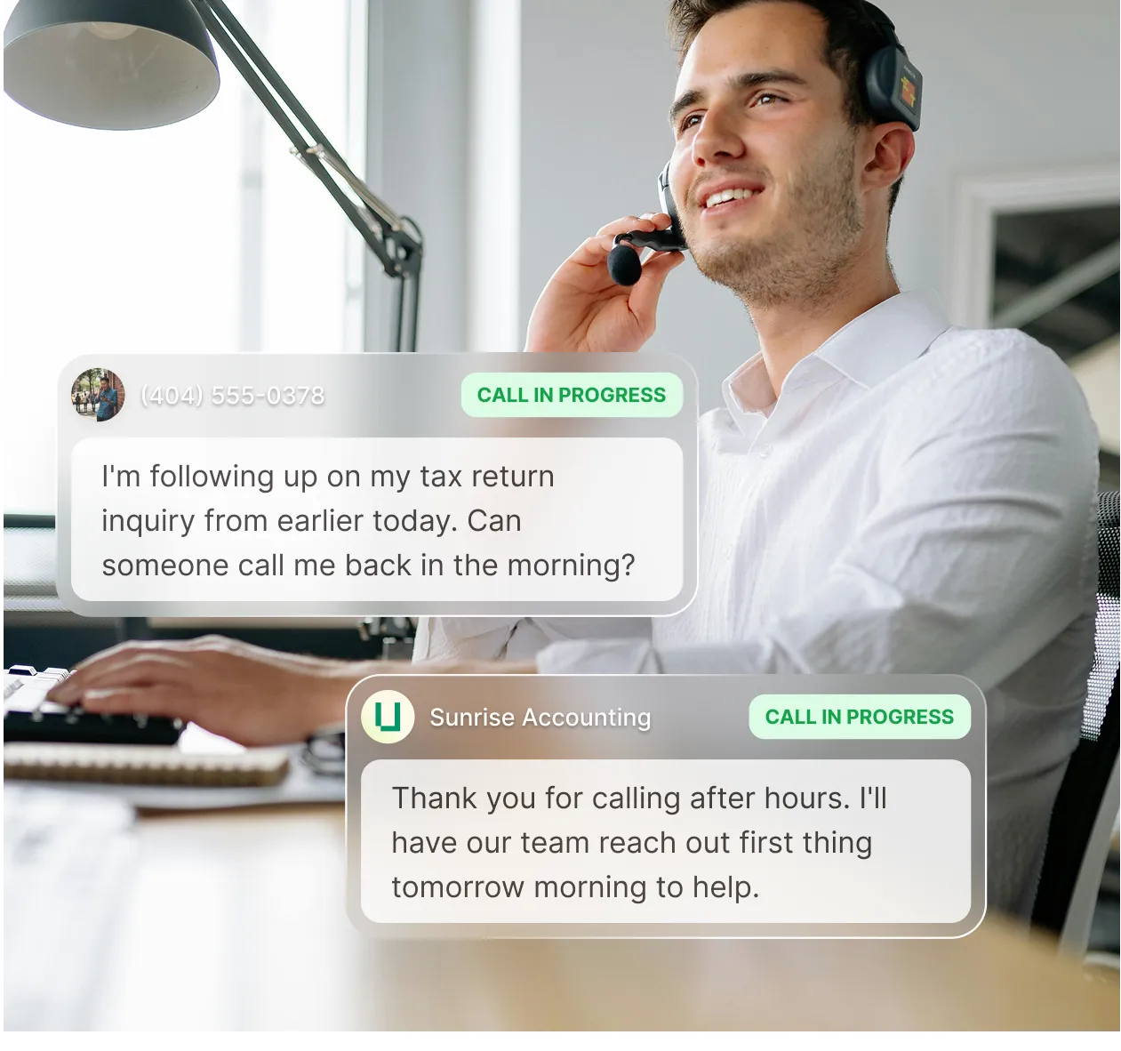 Image of a man smiling and taking a phone call at a computer desk while an outsourced receptionist service answers a call for an accounting firm