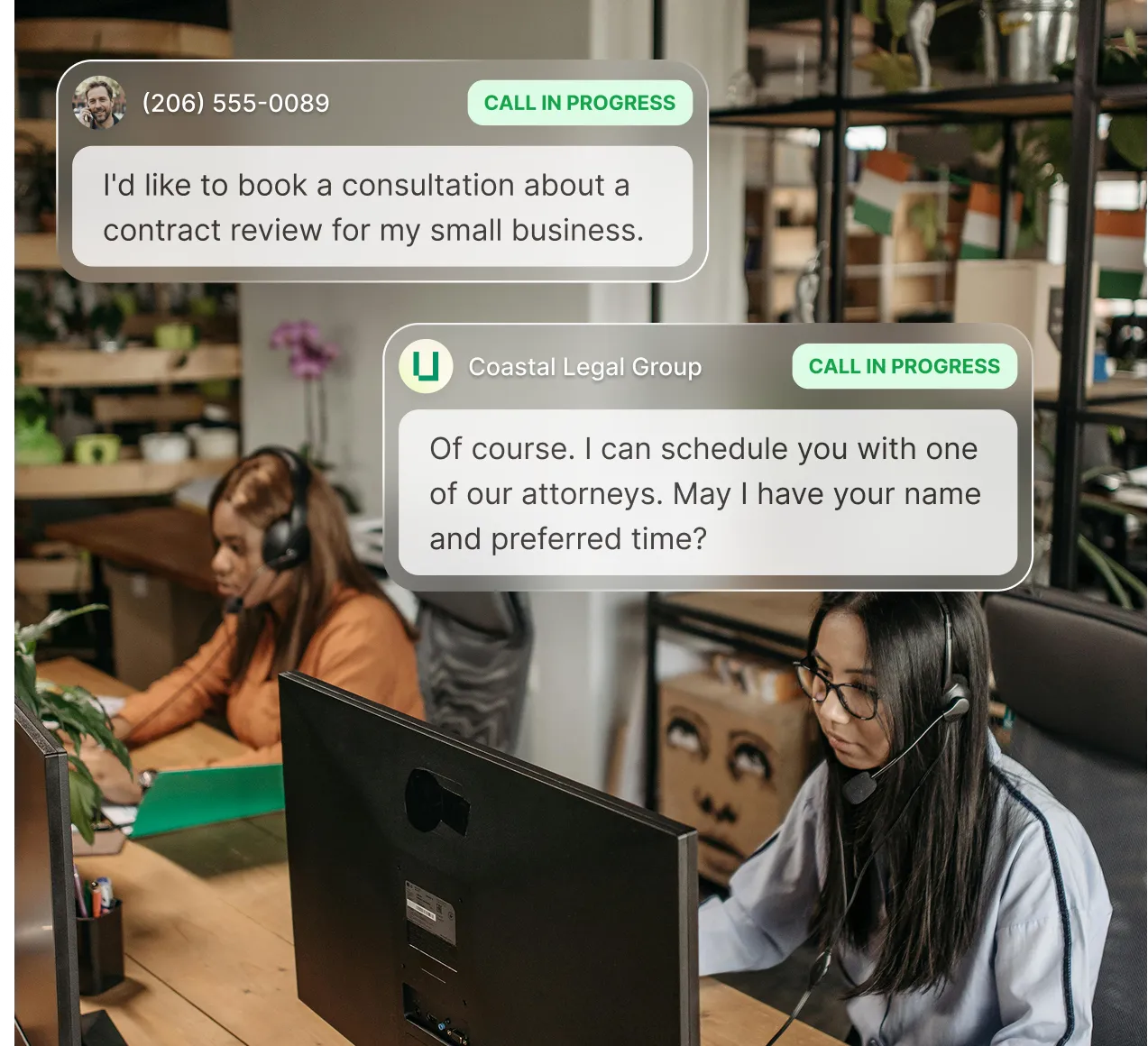 An image of an office where two ladies are answering phone calls at a desk while an outsourced receptionist service answers a call about booking a consultation with a law firm.