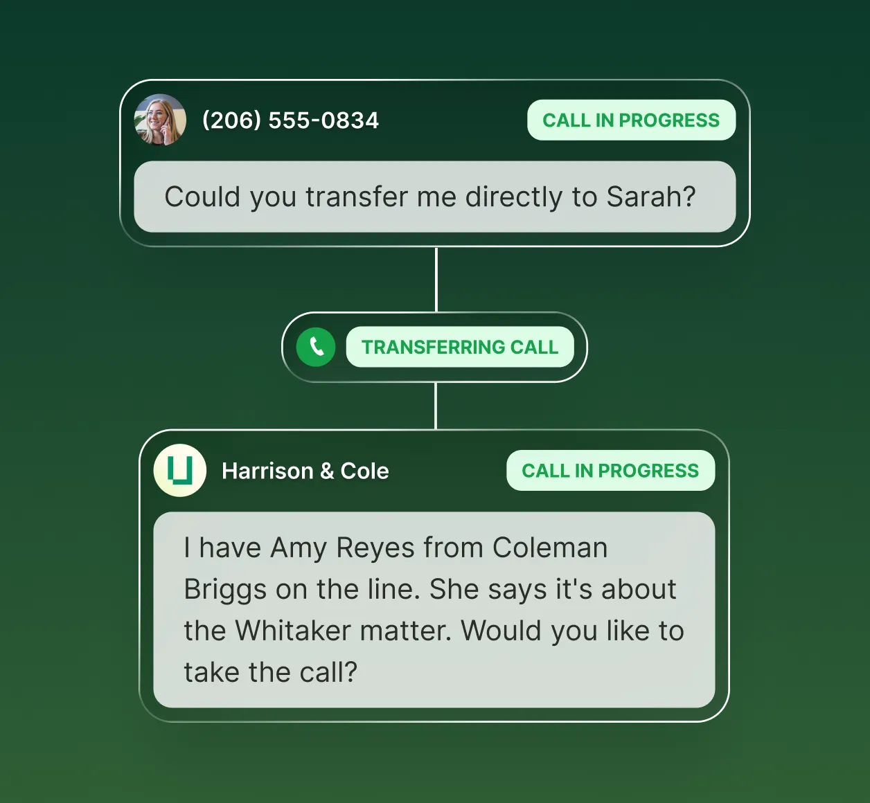 Attorney answering service warm transfer example showing the receptionist screening a caller and briefing the attorney before connecting the call