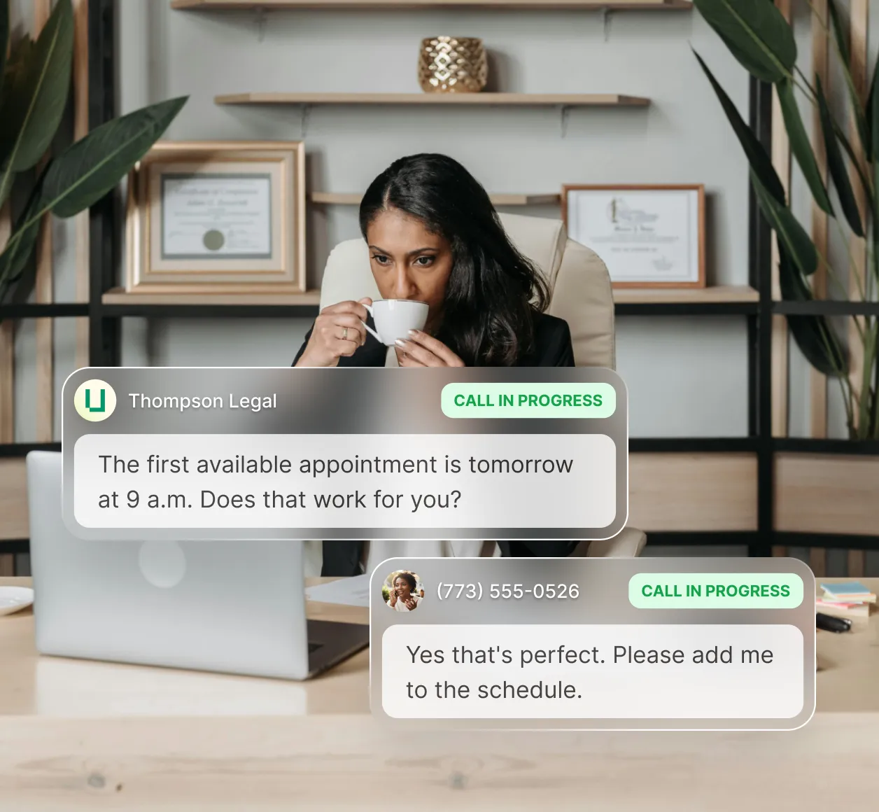 Legal virtual receptionist scheduling a consultation appointment for a caller at a law firm, showing real-time calendar availability