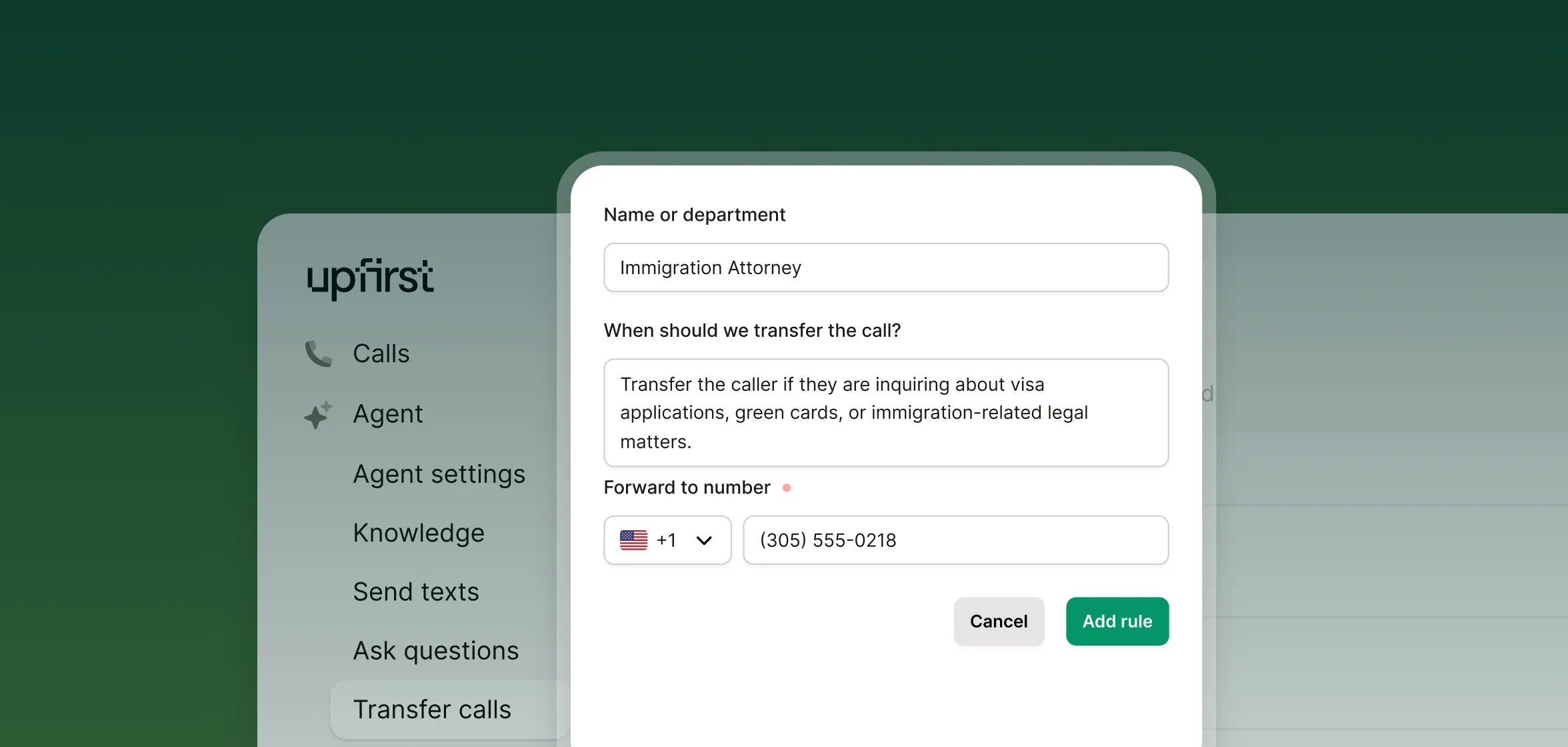 Configuring call transfer rules in an answering service for attorneys, routing immigration-related calls to the right attorney