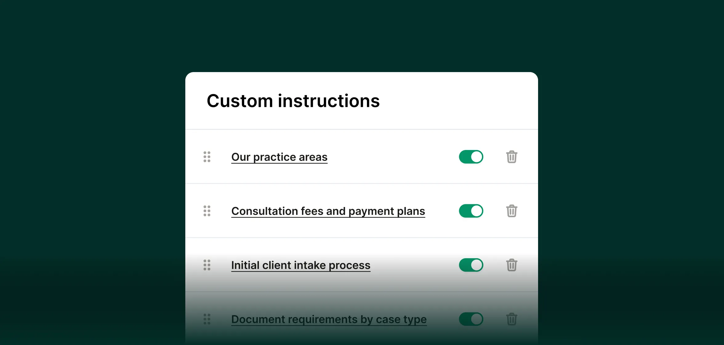 Setting up a legal virtual receptionist with custom instructions for practice areas, consultation fees, intake process, and document requirements