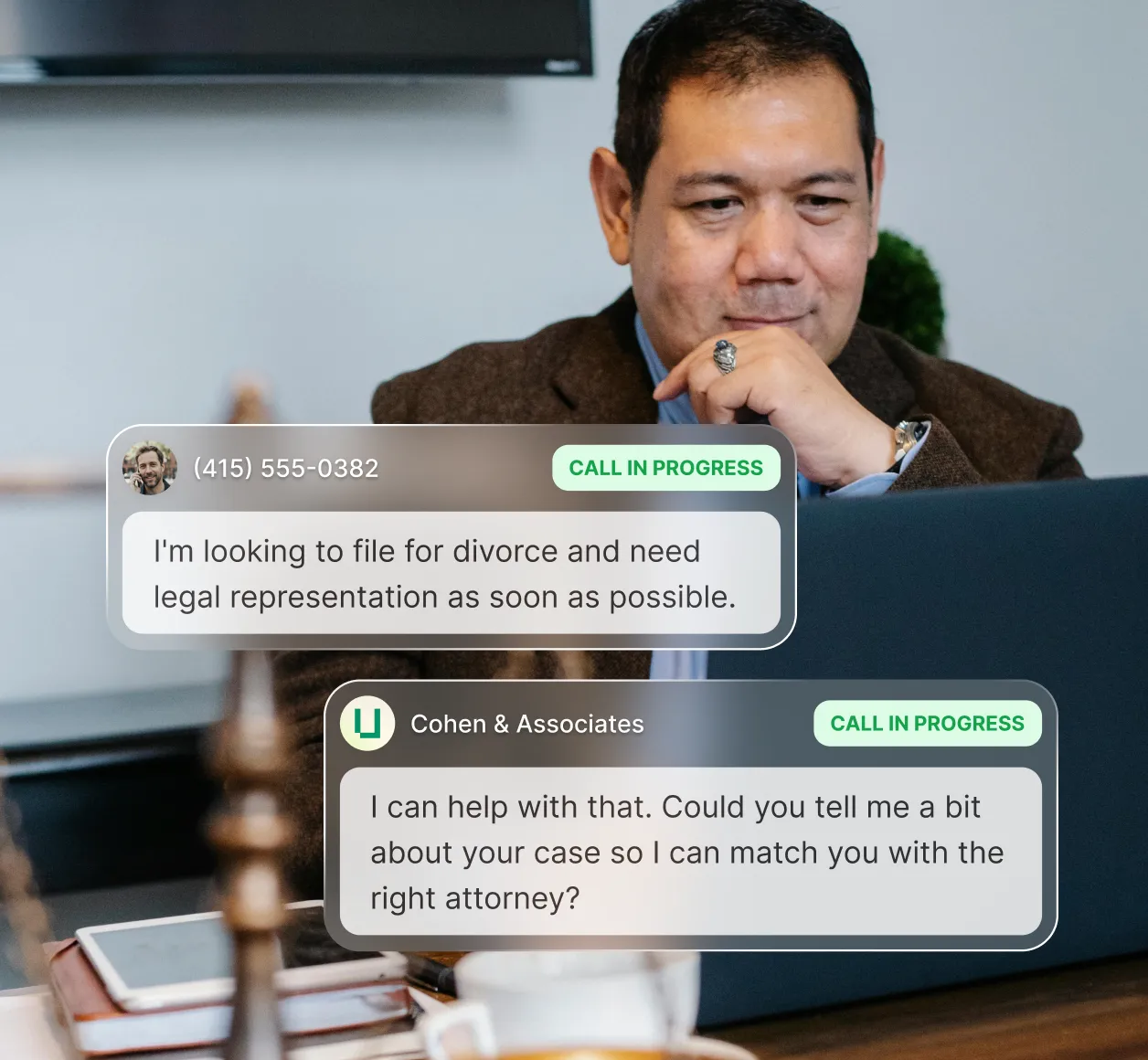 Example conversation of a legal answering service screening a divorce case inquiry and matching the caller with the right attorney