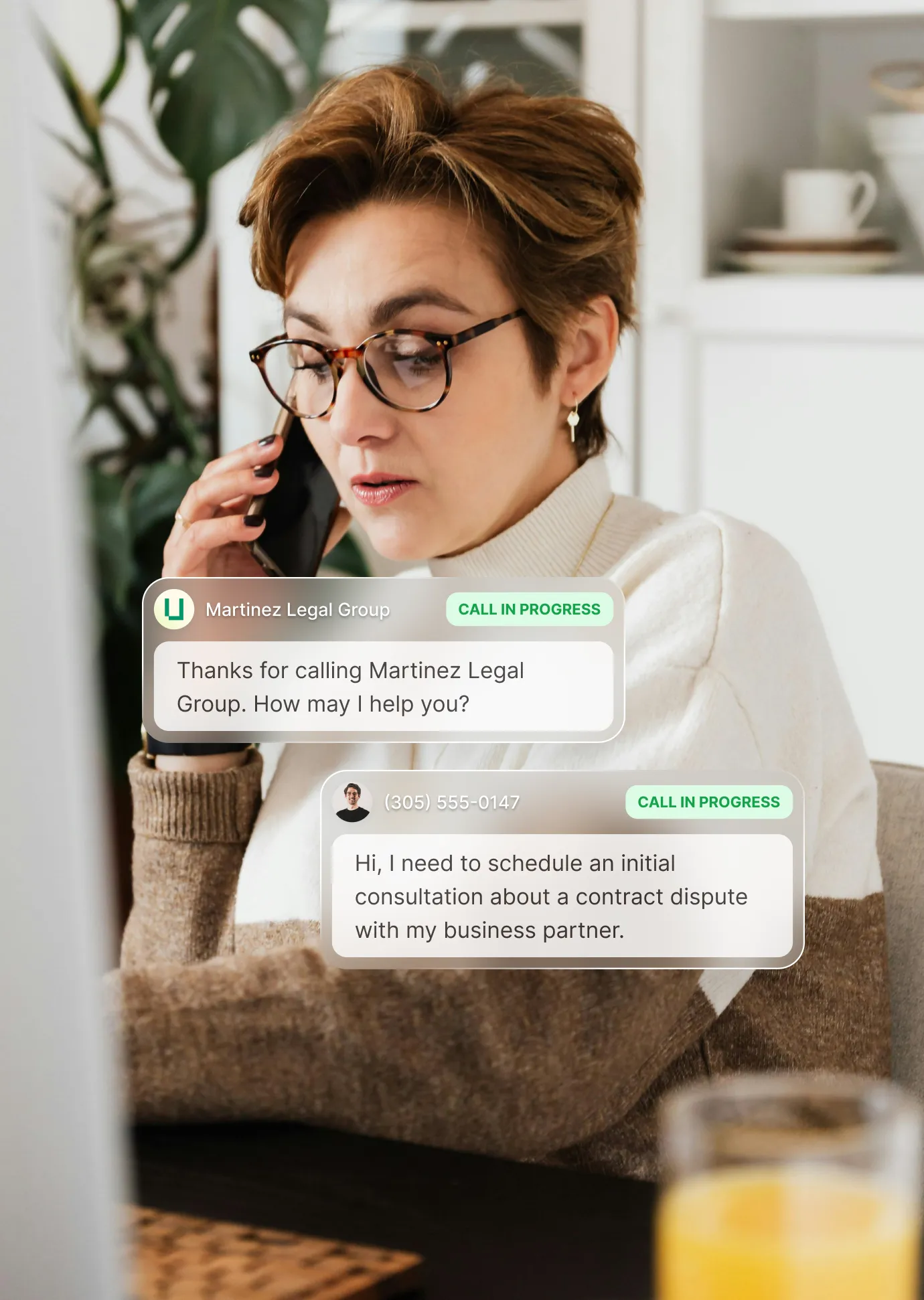 Example conversation of an answering service for law firms greeting a caller and collecting details about a contract dispute consultation