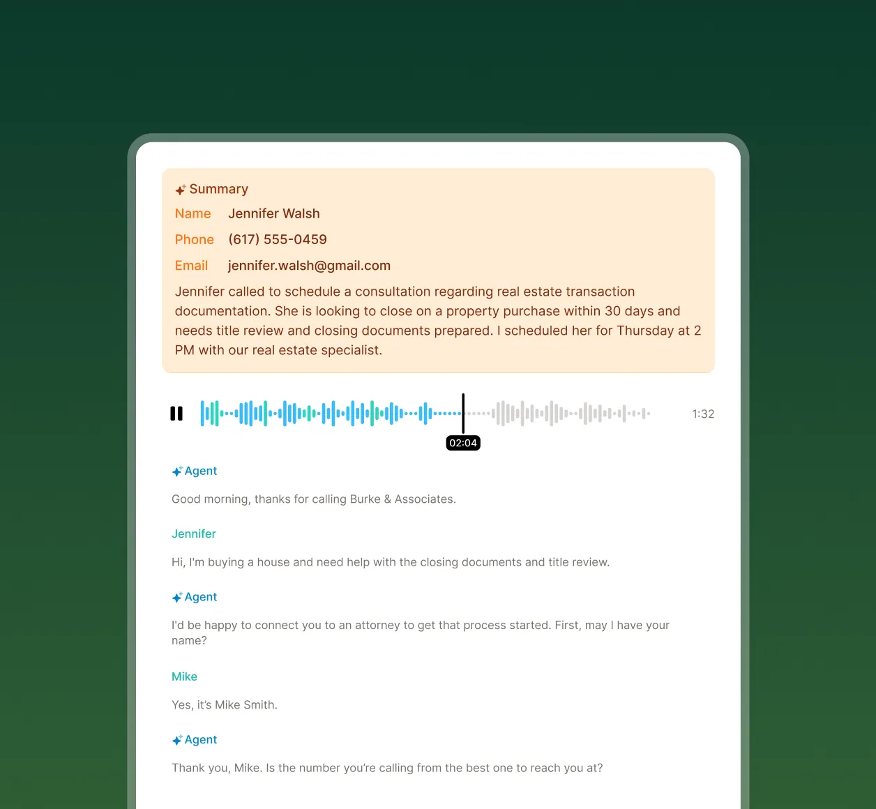 Law firm answering service call summary showing caller name, phone, email, case details, and full transcript with recording from a legal intake call