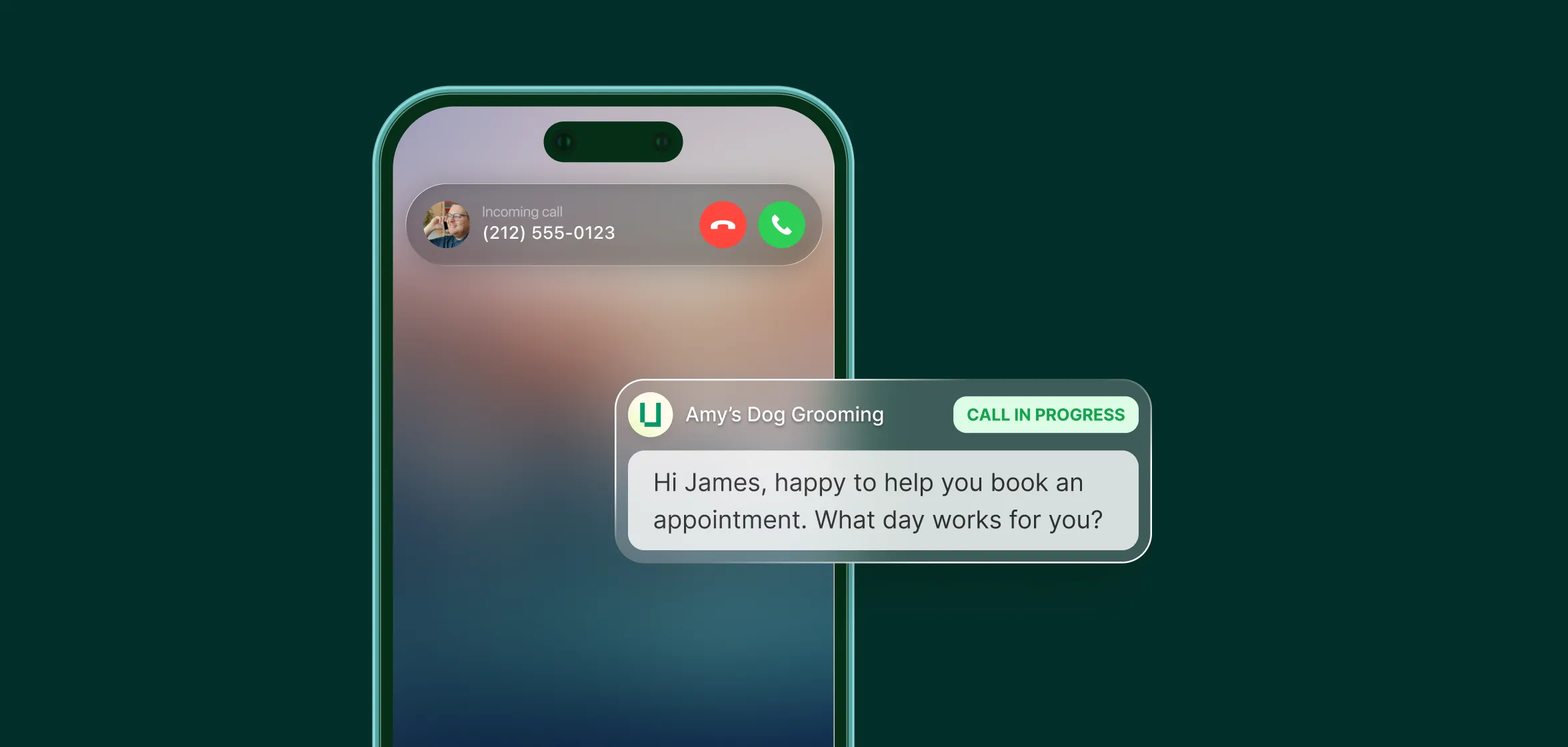 Speech bubble showing a message from a virtual receptionist booking an appointment