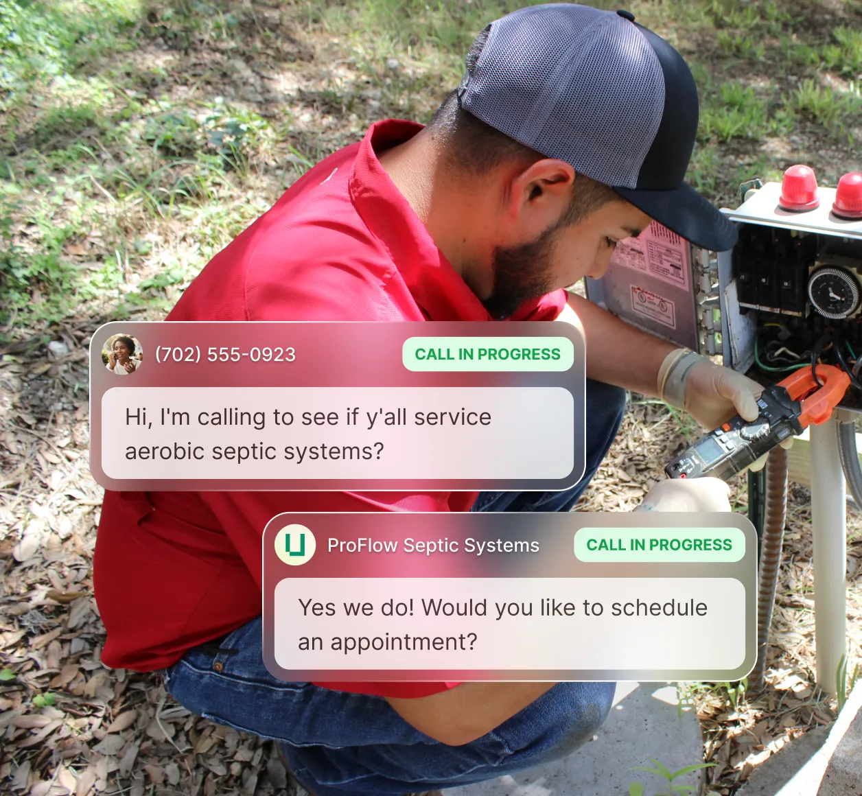 Septic technician on a job as Upfirst's appointment setting answering service books the aerobic system service call into the calendar.