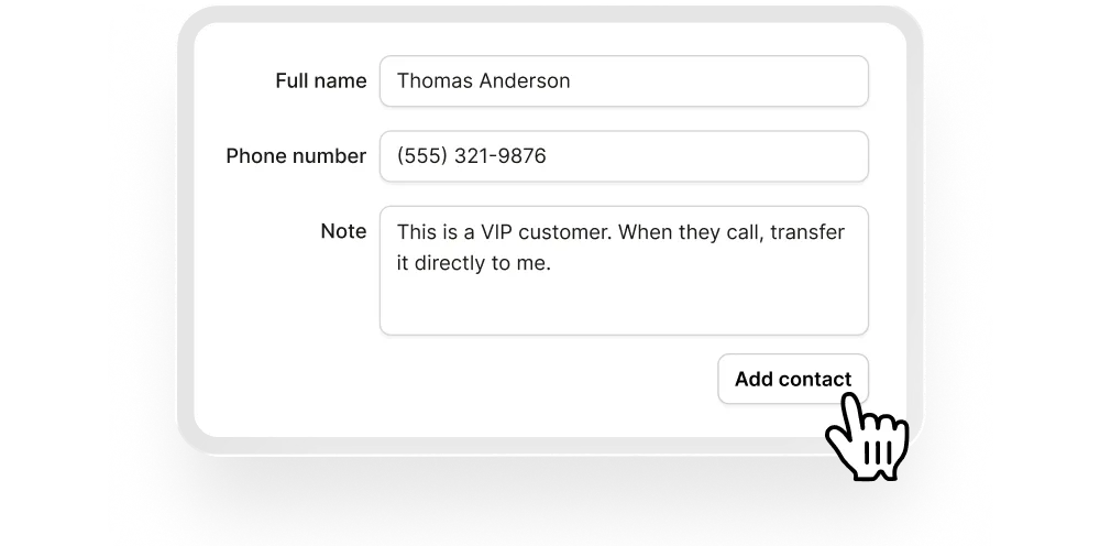 Upfirst's AI receptionist interface showing the ability to add contacts