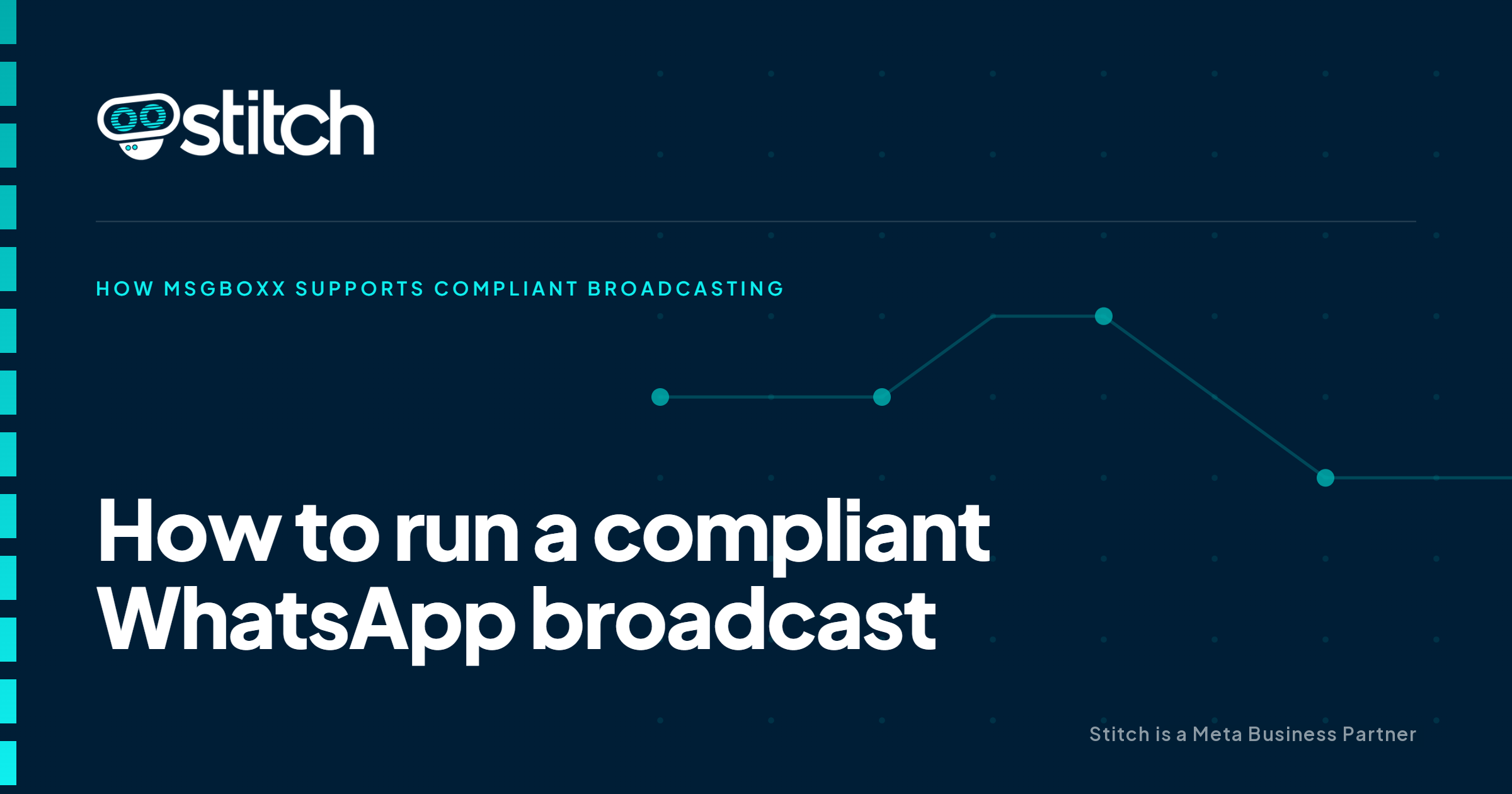 Stitch graphic headed How msgboxx supports compliant broadcasting, with the headline How to run a compliant WhatsApp broadcast and the line Stitch is a Meta Business Partner