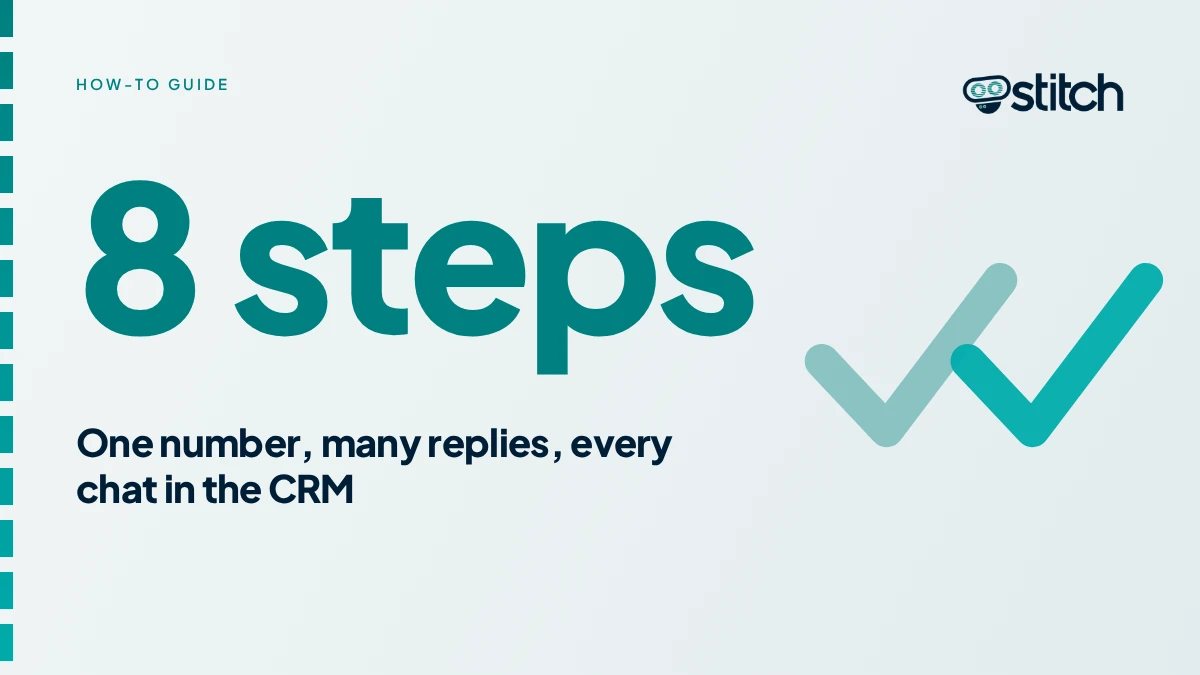 Graphic summarising eight steps to set up a shared WhatsApp inbox synced to a CRM
