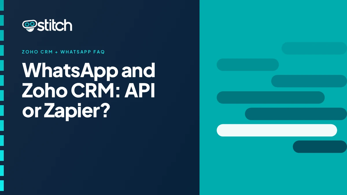 Graphic comparing direct API and Zapier options for connecting WhatsApp to Zoho CRM
