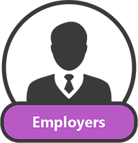 Purple rounded rectangular button labeled 'Employers' on dark gray background.