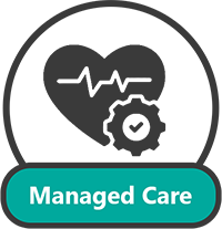 Teal rounded rectangle button with white text saying 'Managed Care' on a dark background.