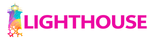 Bright pink text saying 'LIGHTHOUSE' with colorful abstract design on the left.