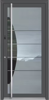 Moderne Haustür mit großem Glasfenster und vertikalem Metallgriff.