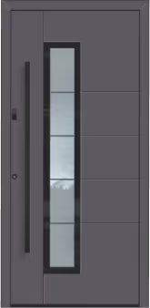 Graue Haustür mit vertikalem Fenster und langem Griff auf der linken Seite.