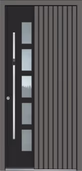 Moderne Haustür mit fünf vertikalen Fenstersegmenten und einem langen, schlanken Türgriff auf schwarzem Hintergrund mit grauen Streifen.