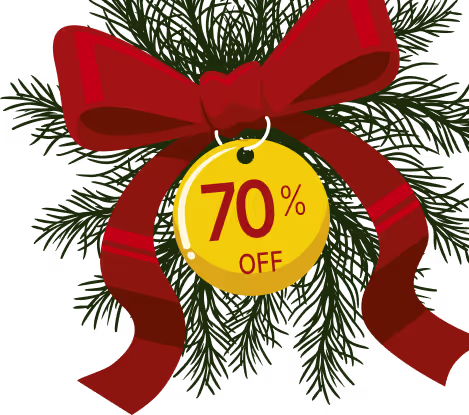 Weihnachtlicher Tannenzweig mit roter Schleife und gelbem Etikett mit 70 % Rabatt.