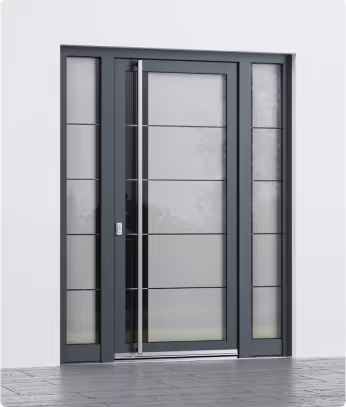 Moderne Eingangstür aus Glas mit schwarzem Rahmen und seitlichen Glasstreifen.