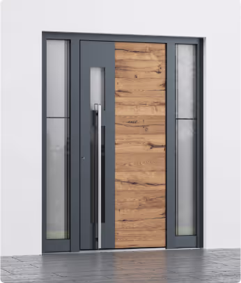 Moderne Haustür mit einem vertikalen Holzpaneel in der Mitte und zwei gläsernen Seitenflächen in einem grauen Rahmen.