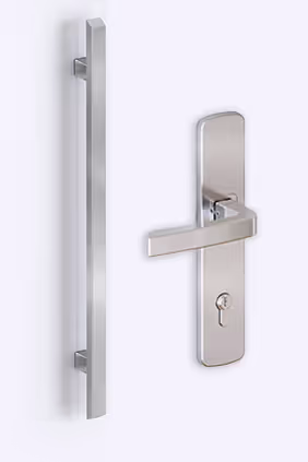 Modern metallener Türgriff mit langem Griff und einem rechteckigen Türbeschlag mit Hebel und Schlüsselloch.