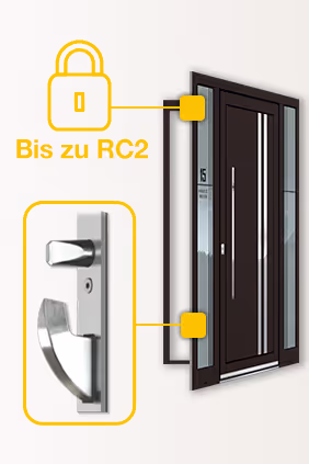 Tür mit Verriegelungskomponenten und einem Symbol eines Schlosses mit dem Text 'Bis zu RC2'.