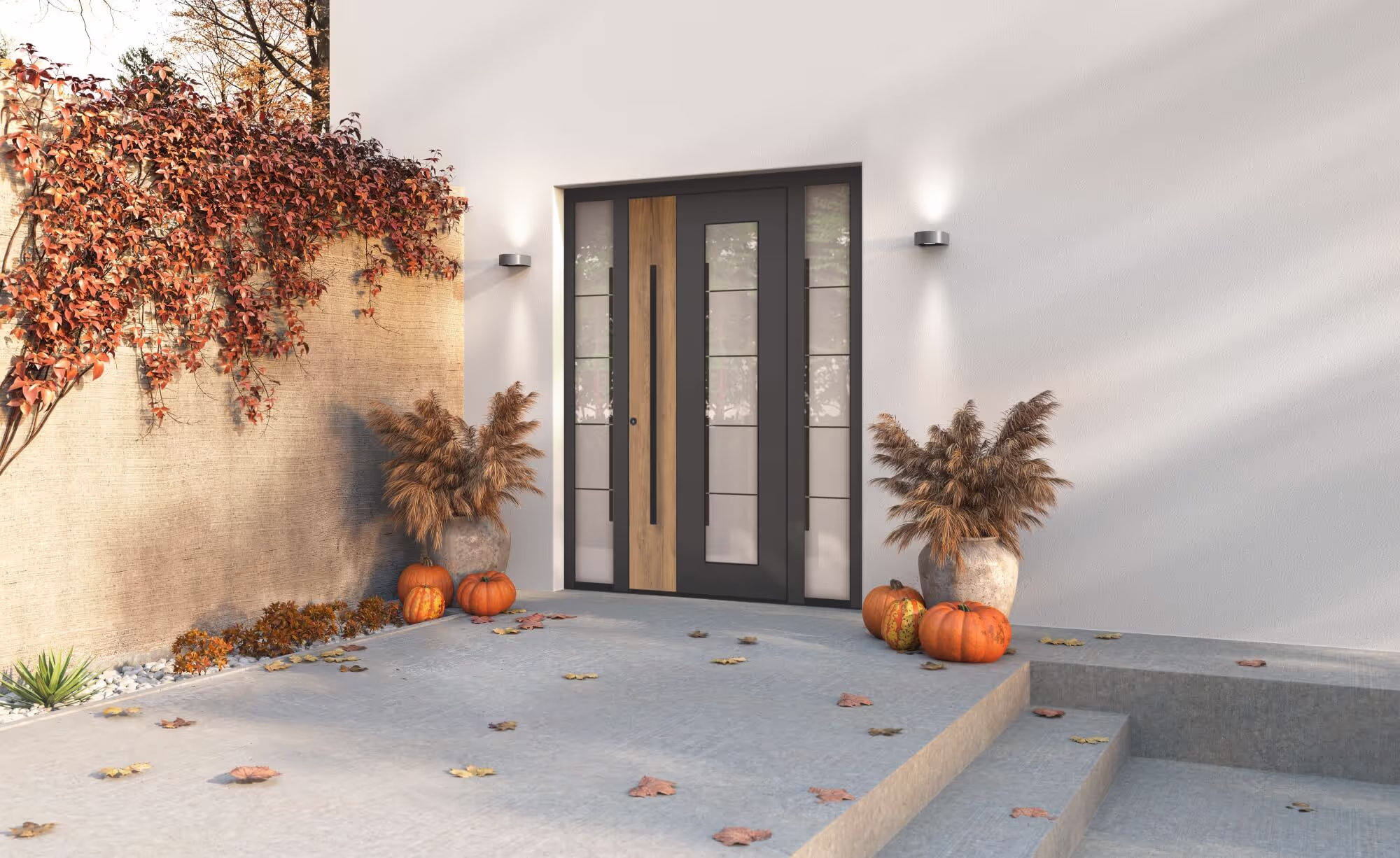 Moderner Hauseingang mit zweiflügeliger Tür aus schwarzem Metall und Holz, umgeben von getrockneten Pflanzen in Vasen und herbstlichen Kürbissen.