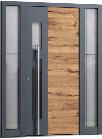 Moderne Haustür mit Holzpaneel in der Mitte und grauem Rahmen mit Glasseitenfenstern.