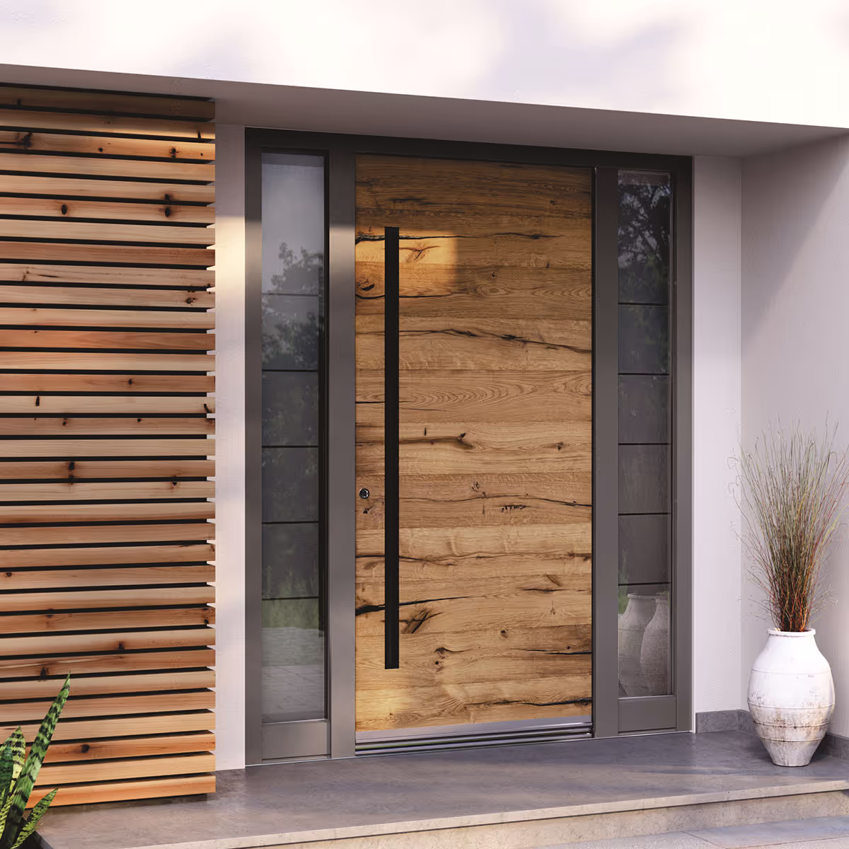 Moderner Haupteingang mit einer breiten Holztür mit schwarzen Griffen, seitlichen Glaselementen, hellem Mauerwerk und zwei Pflanzen.