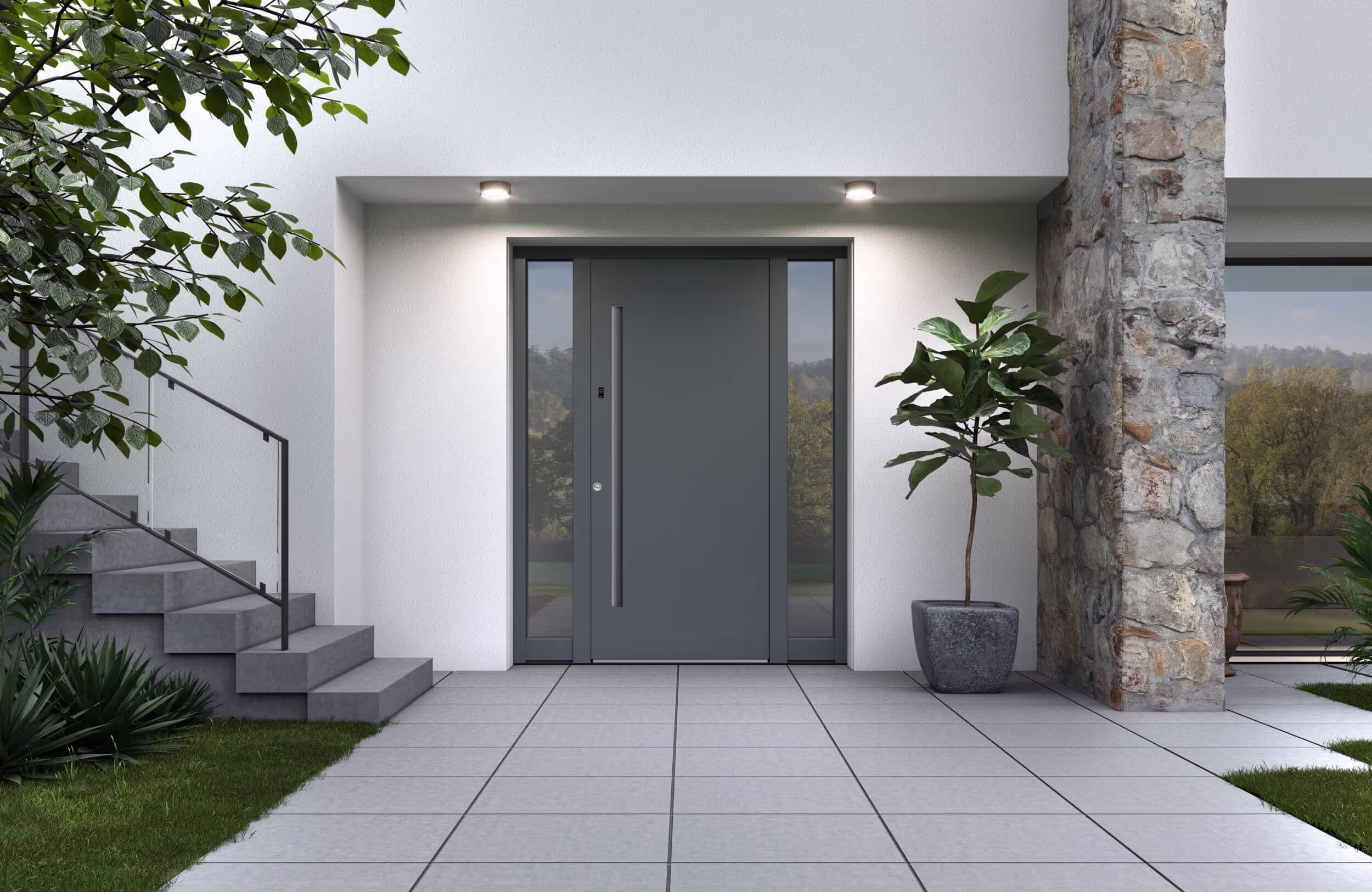 Moderner Hauseingang mit grauer Tür, seitlichen Glasfenstern, großen Fliesenboden und Pflanzen neben steinverkleideter Säule.