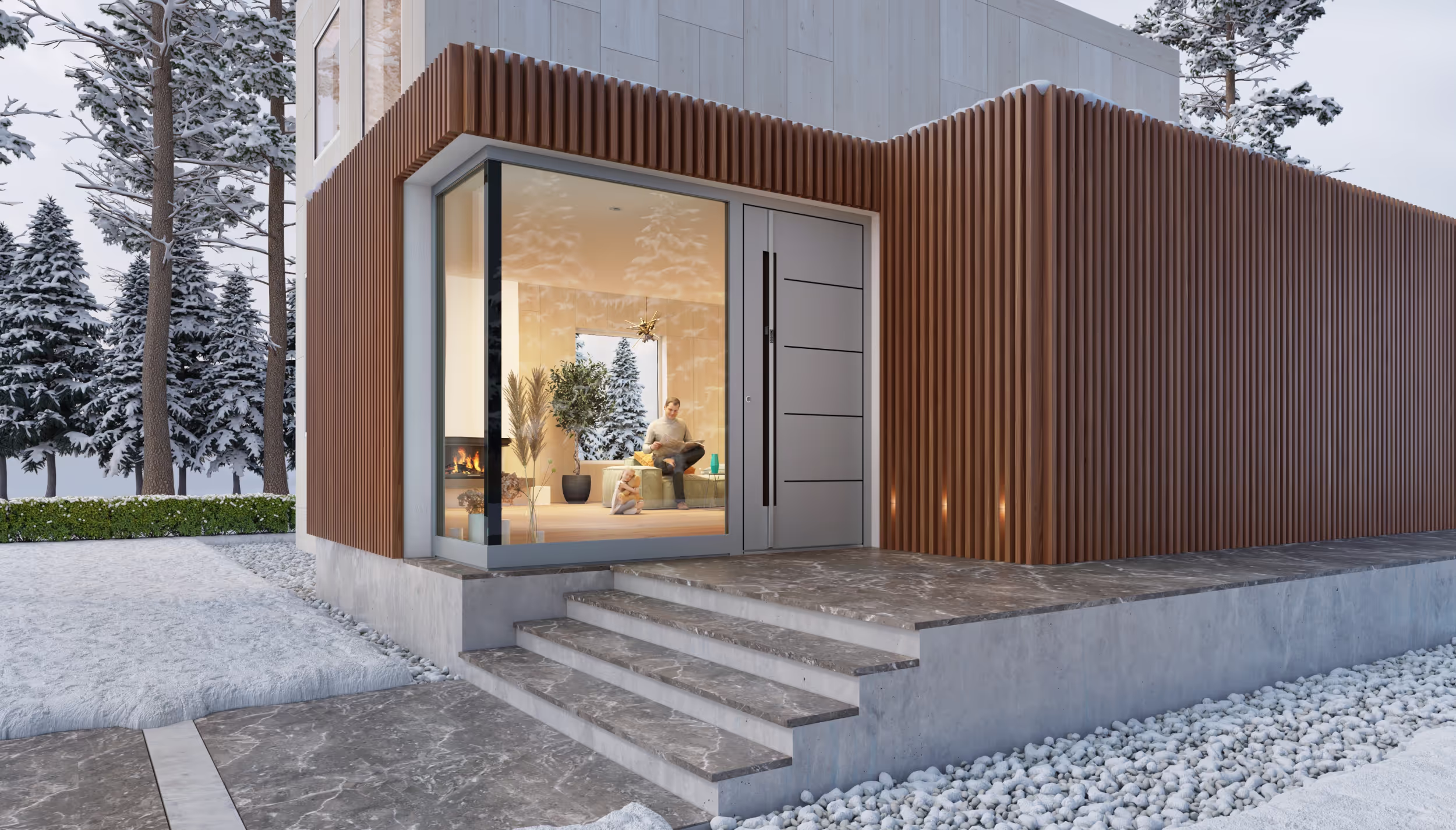 Modernes Haus mit Holzverkleidung, großen Fensterfronten und grauer Eingangstür in verschneiter Landschaft.