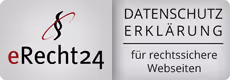 Logo von eRecht24 mit Text Datenschutz Erklärung für rechtssichere Webseiten.