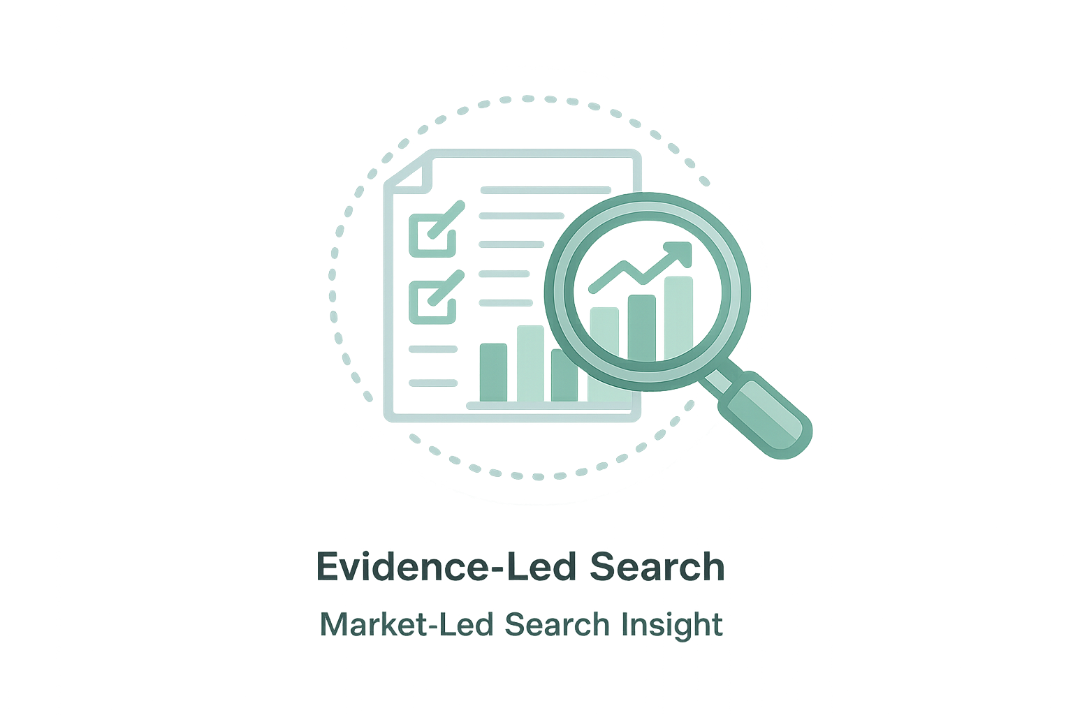 Icon of a magnifying glass over a document with checkmarks and a bar chart, with text reading Evidence-Led Search and Market-Led Search Insight.