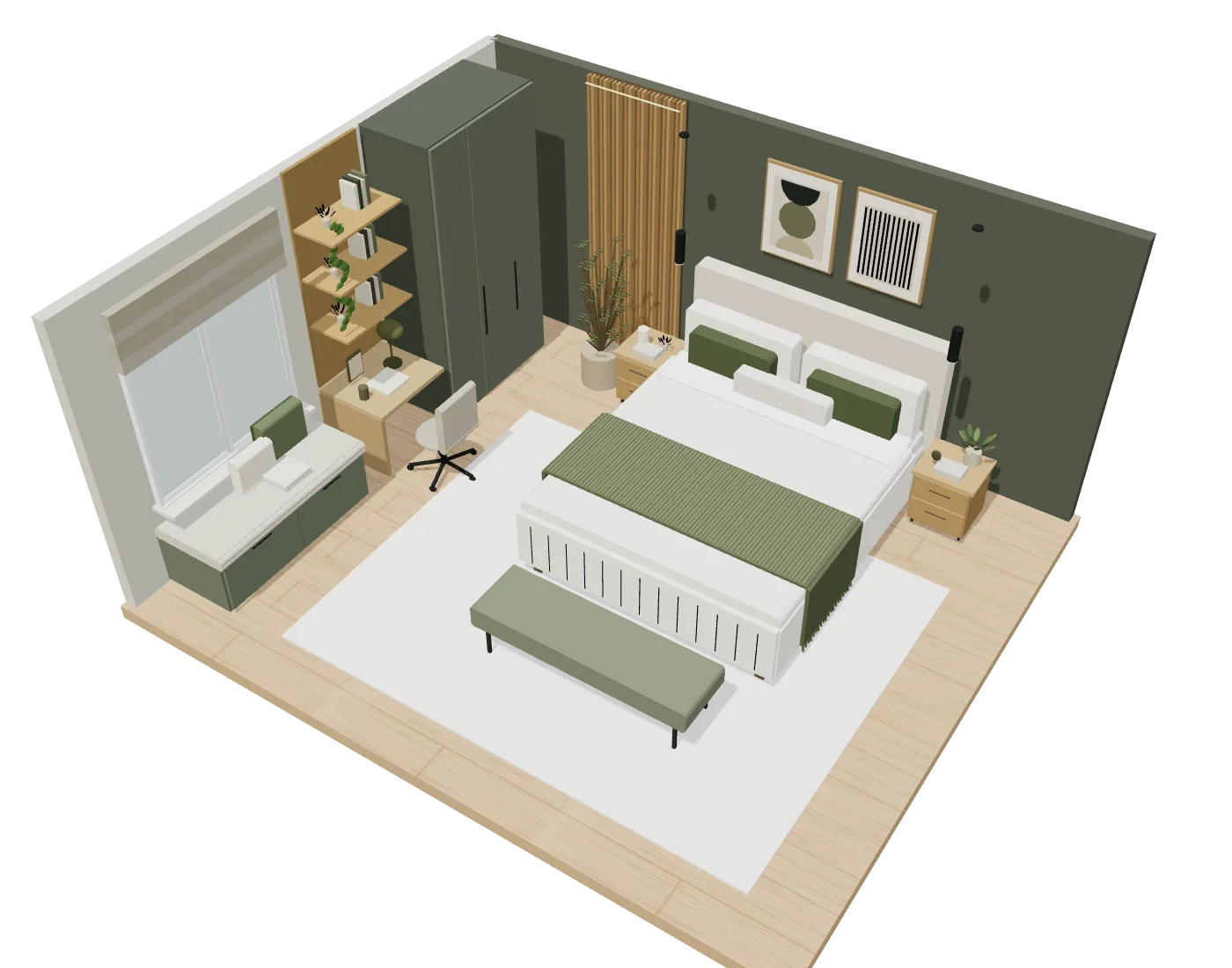 Cutaway of a bedroom with olive walls, oak furniture and a cream bed