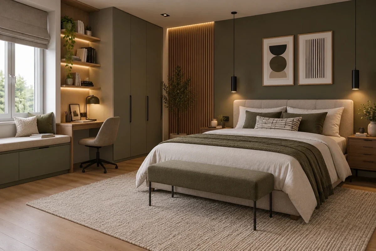 Reference image of an olive and oak bedroom used to create the Nova room