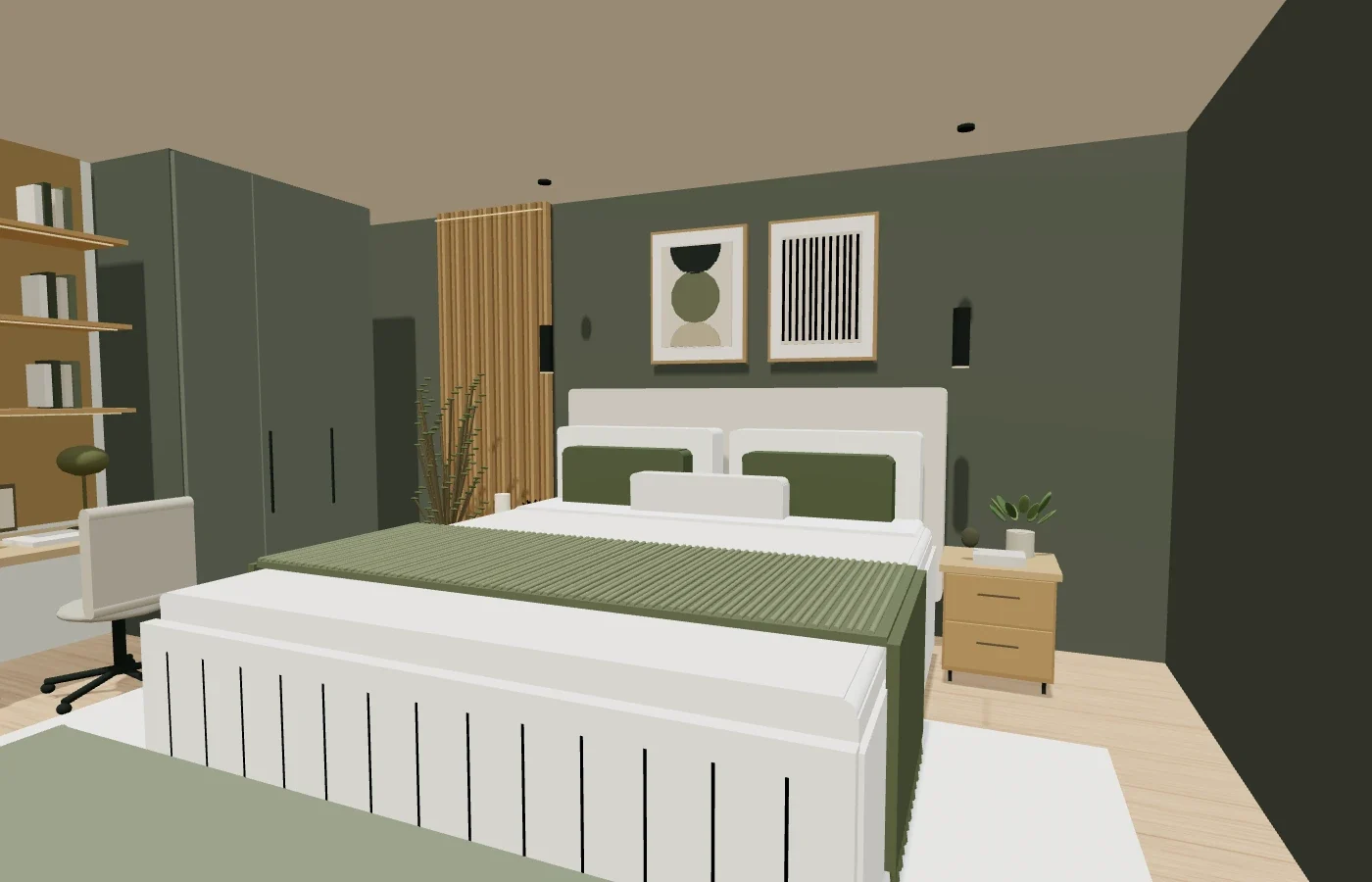 The bedroom at eye level with olive walls