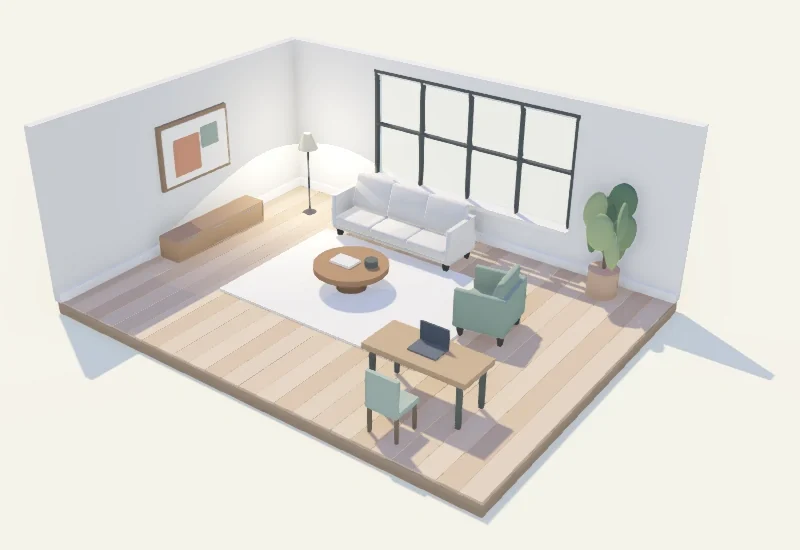 A furnished 3D loft with a lounge and work area