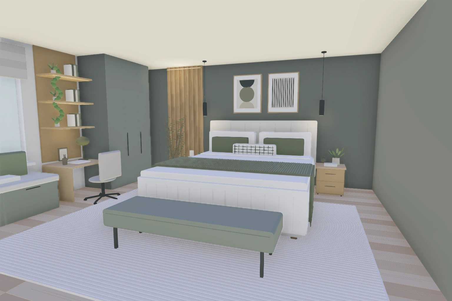 The green-walled bedroom recreated as a 3D scene in Delightex Nova