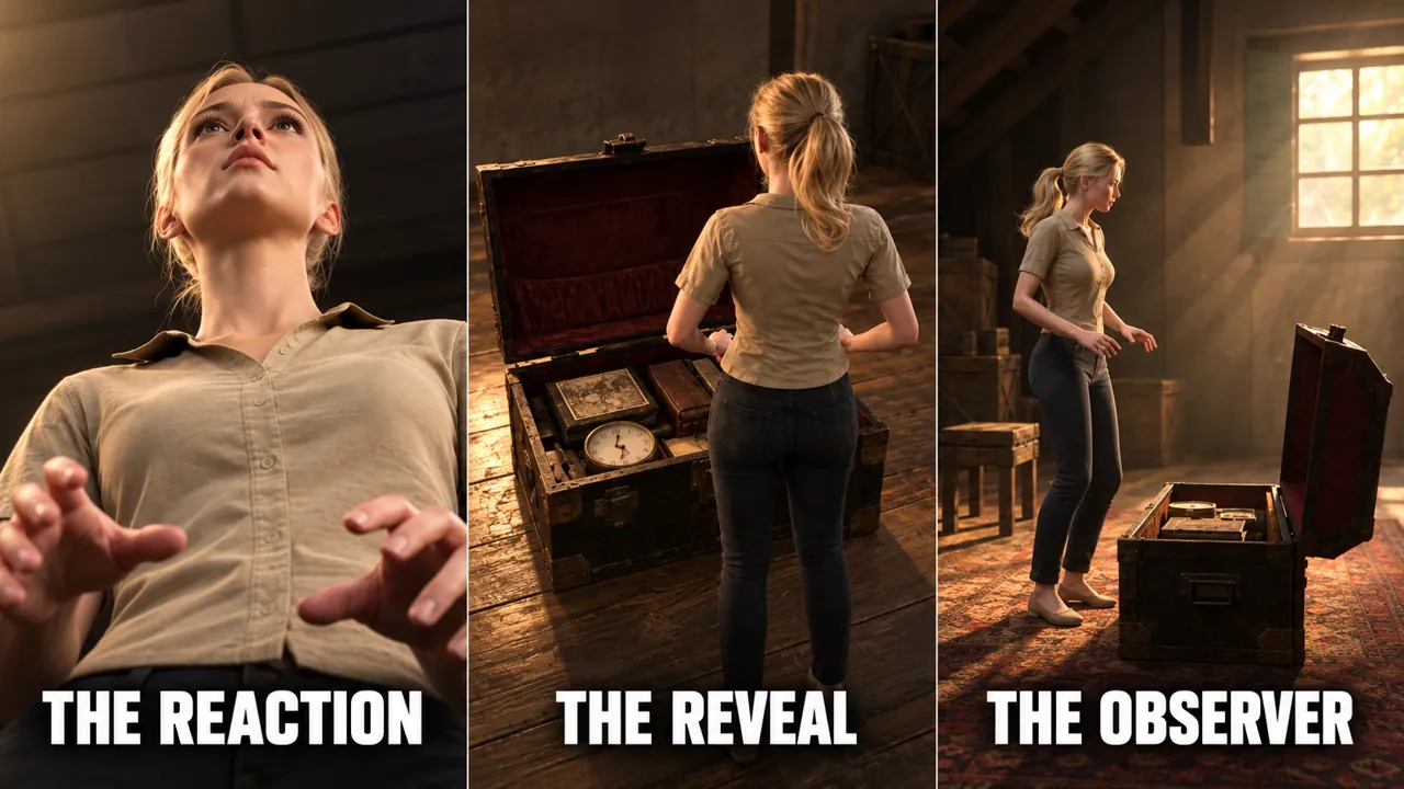 Three cinematic views of a woman discovering a chest: the reaction, the reveal, and the observer