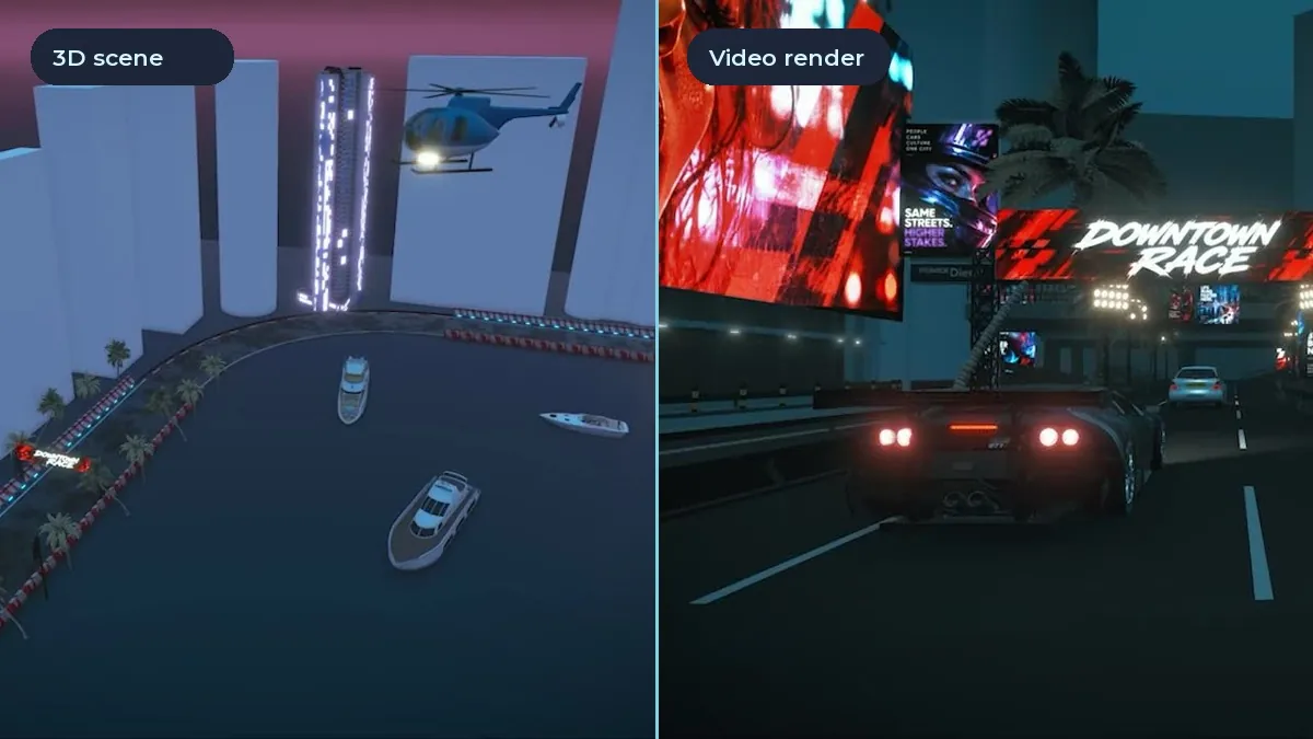 Split thumbnail from the supplied racetrack video: 3D city blocking on the left, cinematic car chase on the right