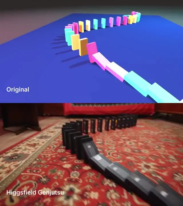 Simple 3D domino blocking and a rendered sequence of falling cassette tapes