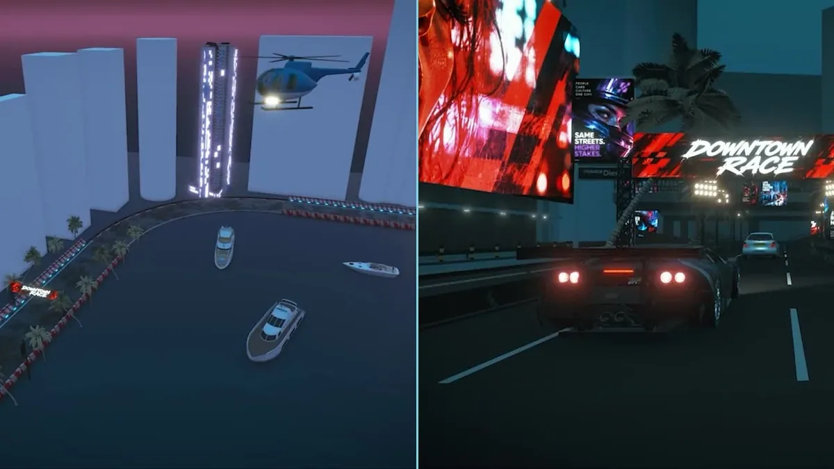 A city chase concept shown as 3D blocking and a cinematic treatment