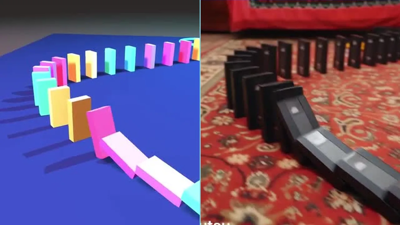 A chain of simple 3D blocks beside a creative video treatment with falling cassettes