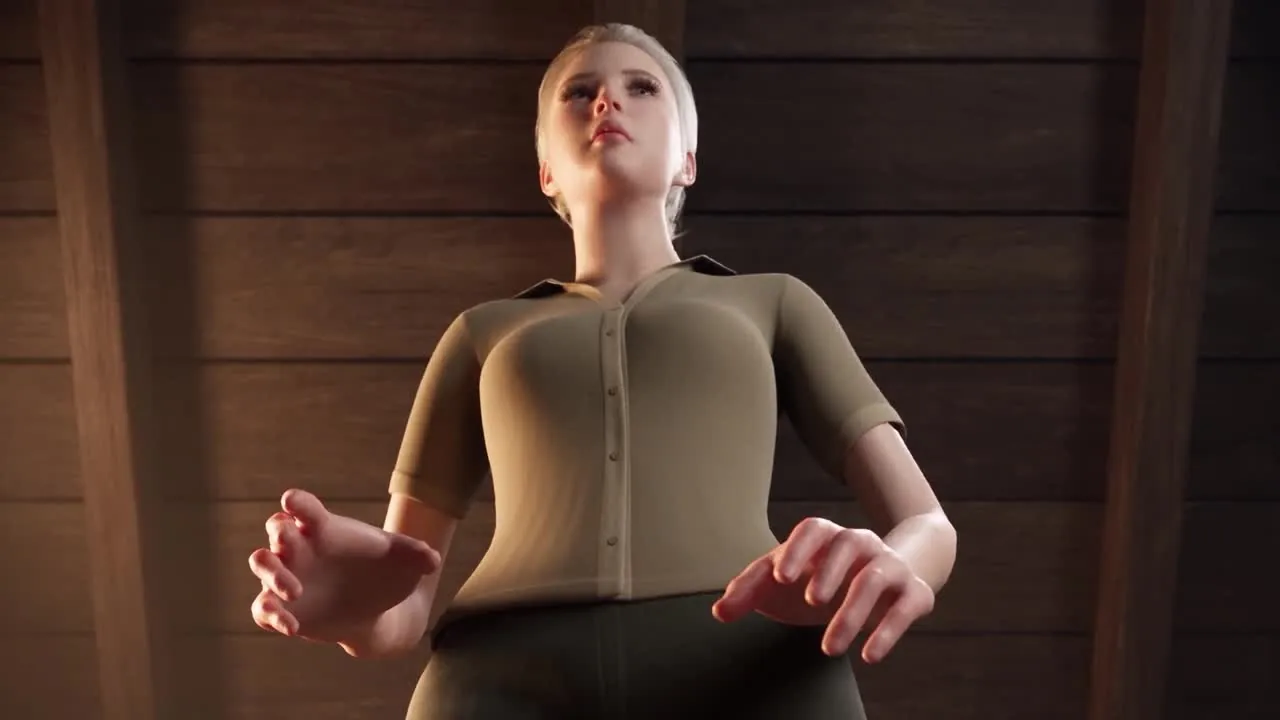 Cinematic low-angle shot of a character discovering a chest