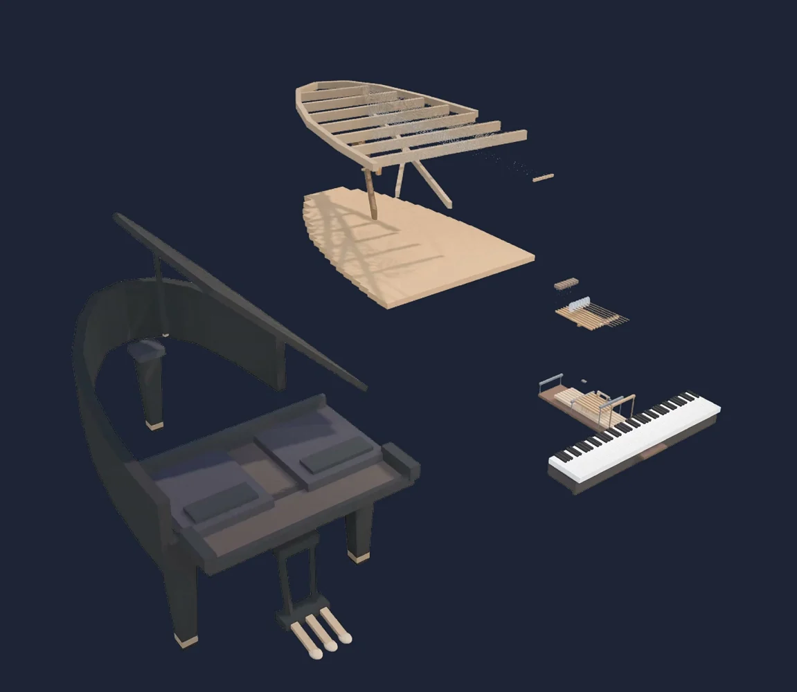 The piano’s keyboard, action, strings, soundboard and case separated to show how they fit together