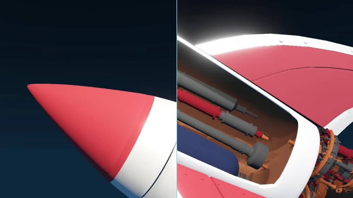 The rocket’s nose cone beside a close-up of its exposed fuel system