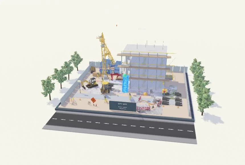 Actual Site Safe project: construction site, ladder, walkway and crane