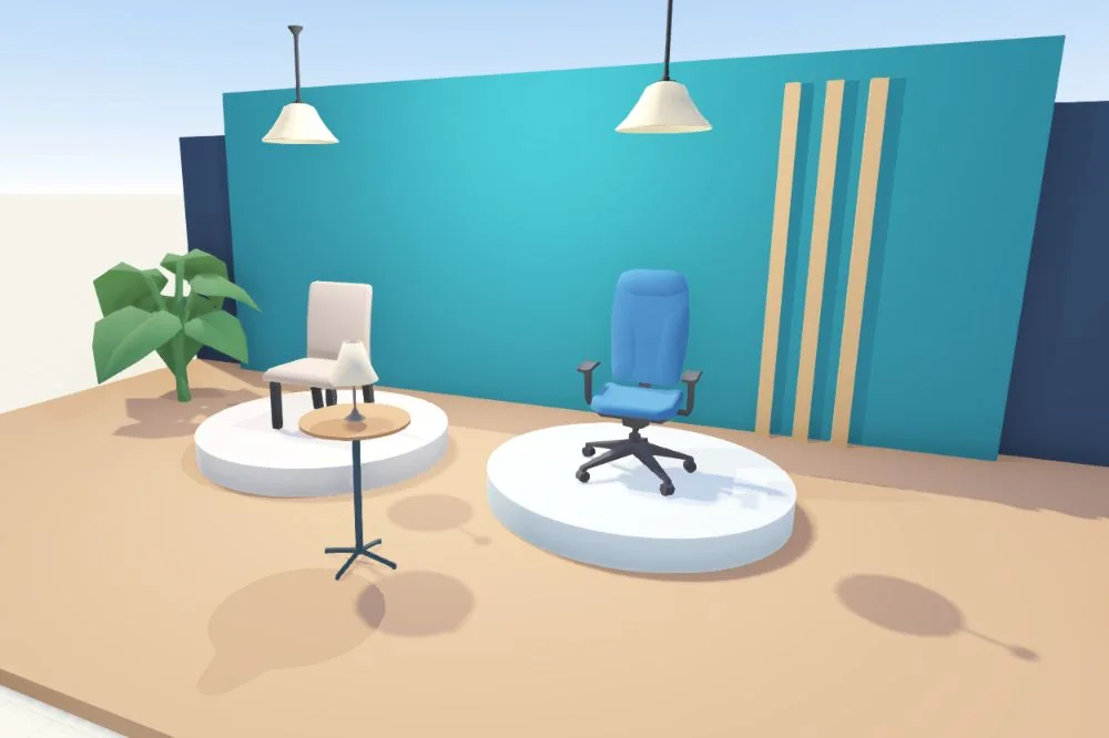 Nova furniture showroom with a simple visitor chair on the left and a blue office chair on the right