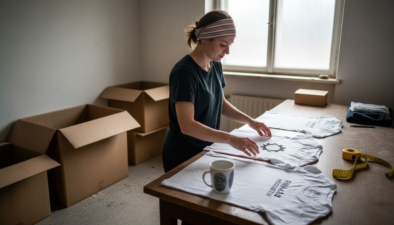 Eine Mitarbeiterin ordnet im Lager individuell bedruckte Firmen-T-Shirts.